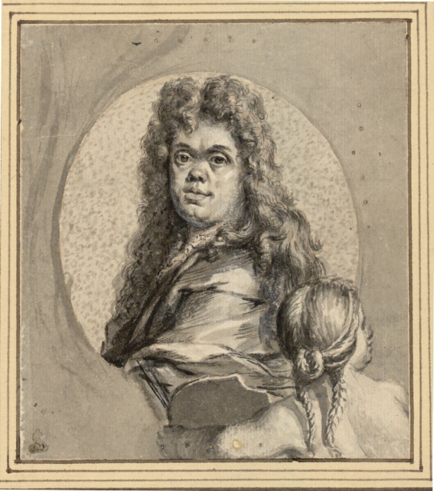 Ein Porträt eines Mannes mit langen Haaren und einem ernsten Gesichtsausdruck neben einer Frau, die ein Kind hält, beide schauen direkt in die Kamera.