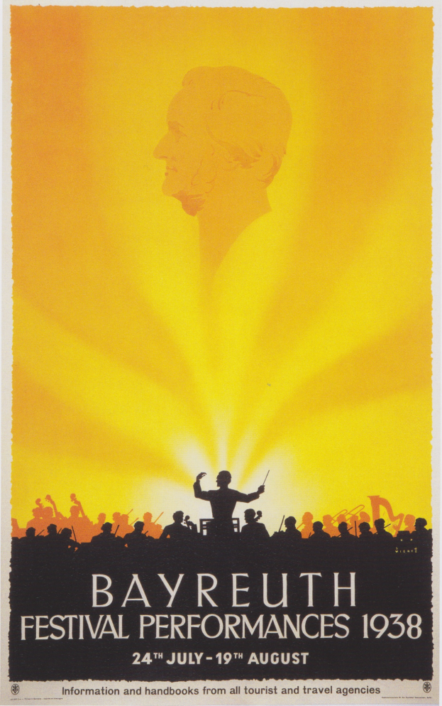 Ein Plakat für die Bayreuth-Festival-Vorstellungen 1938, das eine zentrale Figur umgeben von einer Gruppe von Menschen zeigt, mit Text, der Festival-Informationen enthält.