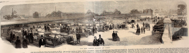 Eine Schwarz-Weiß-Zeichnung einer Gruppe von Menschen vor einem Gebäude, umgeben von Bäumen und anderen Gebäuden, mit der Beschriftung "Der Neue Schlossmarkt bei Derby" unten.