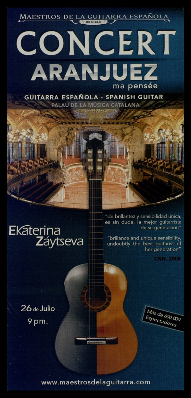 Plakat für ein Event in Aranjuez, Spanien, mit einer zentralen Gitarren-Grafik und Text, der die Event-Details angibt.