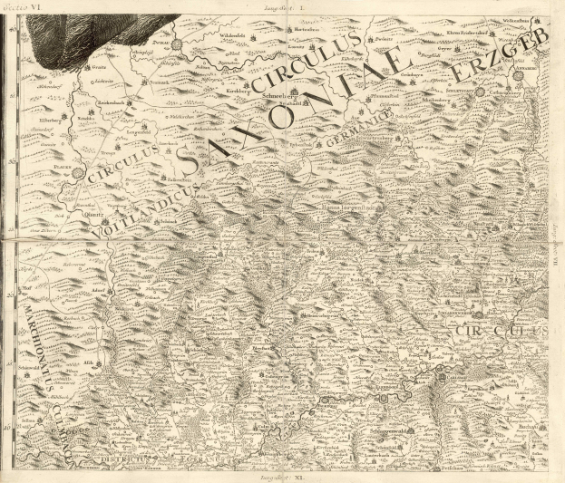 Ein altes Sachsen-Karte von Deutschland, das geographische Merkmale wie Flüsse, Berge und Städte zeigt, mit begleitendem Text, der regionale Informationen liefert.