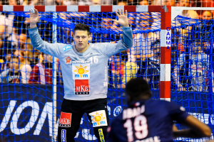 Ein Handballspieler steht vor einem Tor mit erhobenen Händen, umgeben von einer sitzenden Menge, mit einem "Futsal-Weltmeisterschaft 2019"-Banner und einem Netz im Vordergrund.