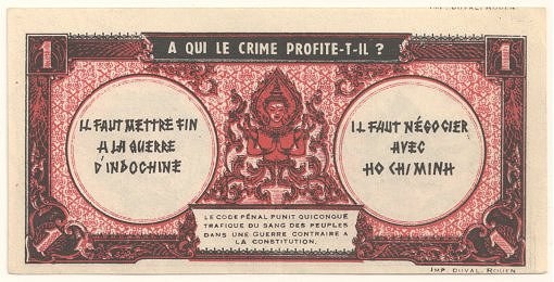 Alte französische Banknote mit ernstem Mann in Anzug, Text "A qui le crime profite-il?" und schwarzem Rand auf weißem Hintergrund.