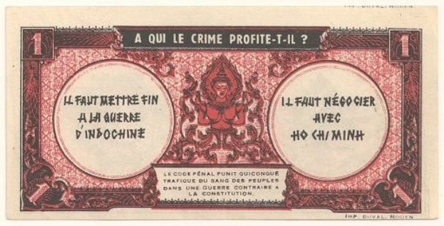 Alte französische Banknote mit ernstem Mann in Anzug, Text "A qui le crime profite-il?" und schwarzem Rand auf weißem Hintergrund.