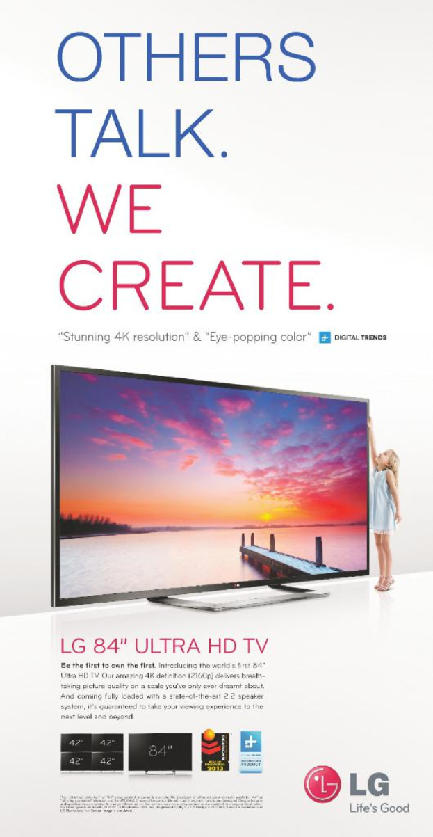 Ein Plakat mit einem Fernseher, einem Mädchen daneben und Text.