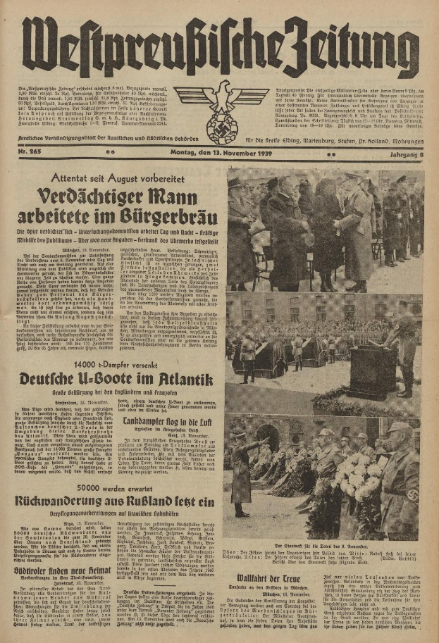 Schwarze-Weiß-Titelseite einer deutschen Zeitung vom 13. November 1939 mit der Überschrift "Weitpreubliche Zeitung" und einem Foto von Menschen in traditioneller deutscher Tracht in einer feierlichen Atmosphäre.