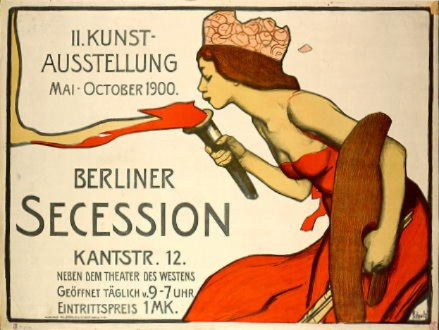 Plakat aus dem Jahr 1900, das eine Berliner Secession ankündigt und eine Frau in rotem Kleid zeigt, die ein Objekt hält, mit Text zu den Ereignissen.