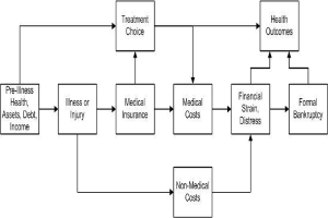 Flussdiagramm, das verschiedene Arten medizinischer Kosten veranschaulicht, die mit Vorerkrankung, Gesundheit und Gesundheitsergebnissen verbunden sind, mit verbundenen, beschrifteten Kästchen, die Schritte und Interaktionen zeigen.