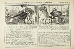 Ein altes Buchcover mit einem Mann in einem Stuhl sitzend und einem ernsthaften Gesichtsausdruck sowie einer Frau daneben, die nachdenklich aussieht, mit der Aufschrift "Die Macht der öffentlichen Meinung" auf dem Cover.