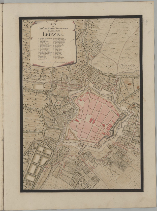 Detailierte Karte von Leipzig, Deutschland, aus einem alten Buch, das Straßen, Gebäude und Sehenswürdigkeiten zeigt.