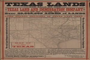 Ausführliche alte Karte der Texas Land and Immigration Company auf einem schwarzen Hintergrund, die Land und Einwanderungsunternehmen in Texas mit erklärendem Text zeigt.