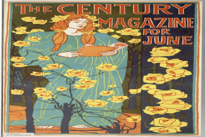 Eine Frau in einem weißen Kleid und einer blauen Schärpe hält ein Buch in der Hand und ist von grünen Bäumen und blühenden Blumen umgeben, mit dem prominenten Text "The Century Magazine for June" oben drauf.