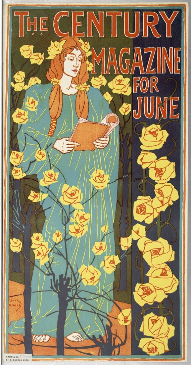 Eine Frau in einem weißen Kleid und einer blauen Schärpe hält ein Buch in der Hand und ist von grünen Bäumen und blühenden Blumen umgeben, mit dem prominenten Text "The Century Magazine for June" oben drauf.