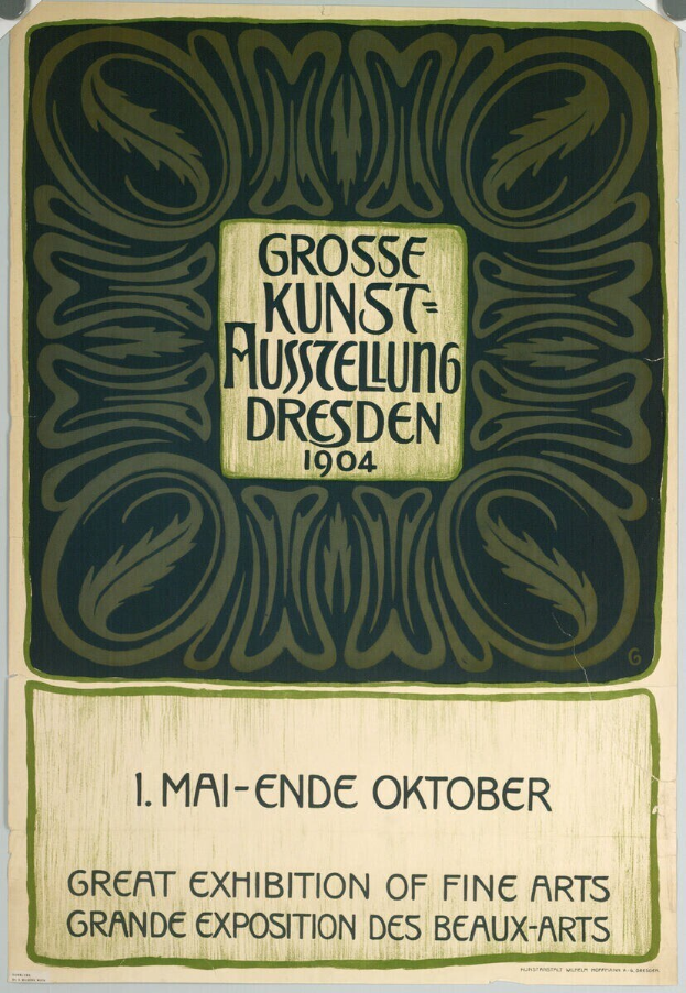 Plakat für die Große Kunstausstellung in der Grand Exposition des Beaux-Arts in Dresden, Deutschland, 1904, mit fettgedrucktem Text, der das Ereignis ankündigt.