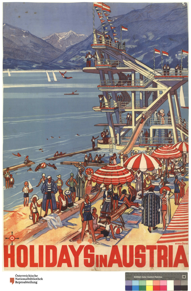 Plakat, das Urlaube in Österreich ankündigt und Menschen am Strand mit Schirmen, einem Schiff im Hintergrund, winkenden Flaggen, entfernten Bergen und Text zeigt.