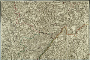 Ein altes Kartenbild der rheinland-pfälzischen Region Frankreichs, das den Rheinfluss zeigt, mit Text oben und unten auf dem Papier.