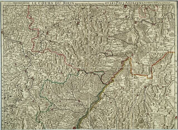 Ein altes Kartenbild der rheinland-pfälzischen Region Frankreichs, das den Rheinfluss zeigt, mit Text oben und unten auf dem Papier.