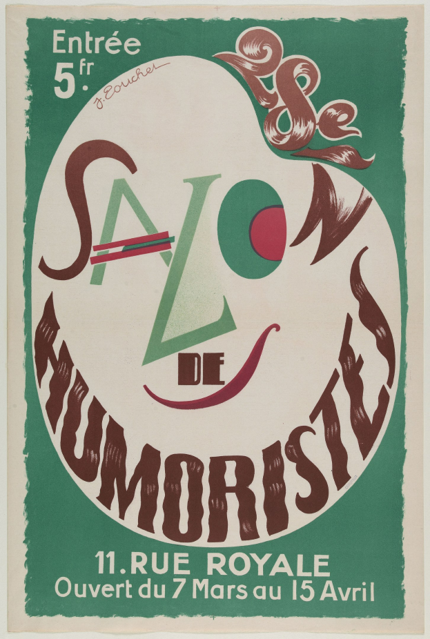 Plakat für eine Humoristenbühne in Paris mit Text, der die Angebote beschreibt.