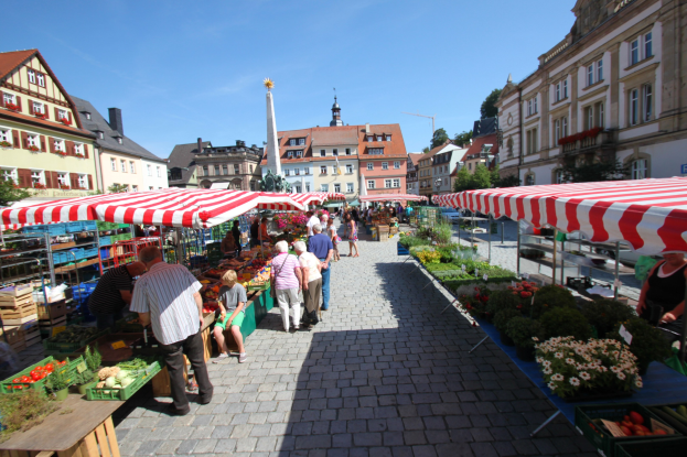Ein belebter Markt im alten Stadtzentrum von Heidelberg mit Menschen, die gehen, auf Bänken sitzen und in der Nähe von Zelten stehen, umgeben von Gemüsekörben, Gebäuden, Bäumen und einem klaren blauen Himmel.
