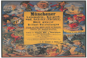 Ein alter deutscher Filmplakat für das Munchener Automaten-Kasperl- und Geister-Theater, das eine Gruppe von Menschen in bunten Kostümen in einer lebendigen Atmosphäre zeigt, umgeben von Text.