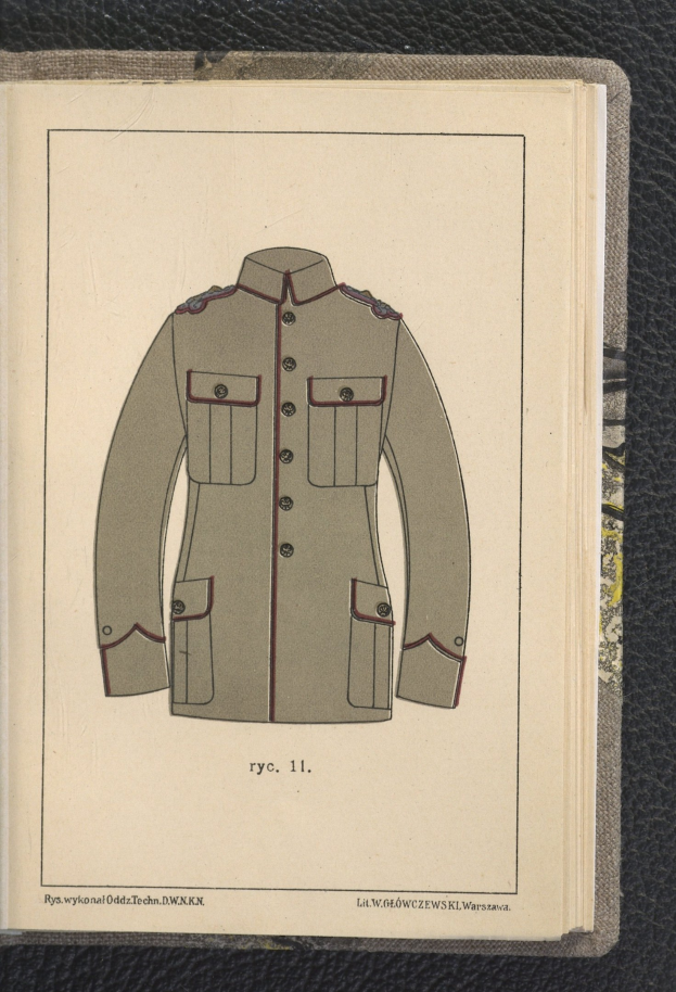 Offenes Buch mit einer Illustration einer Militäruniform mit einem Hemd, Kragen, langen Ärmeln, Gürtel und Schnalle, betitelt "Militäruniform."