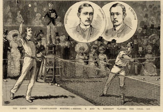 Schwarz-weiß-Zeichnung von zwei Männern, die Tennis spielen, mit Zuschauern im Hintergrund und Text unten, der "The Lawn Tennis Championship Meeting - Messers, E and W Renshaw Playing the Final Set" lautet.