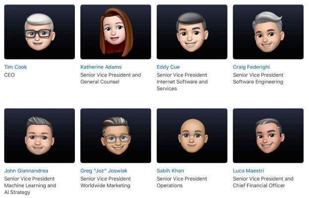 Eine Gruppe animierter Personen mit verschiedenen Gesichtsausdrücken und dem Text "Senior Vice President and General Counsel".