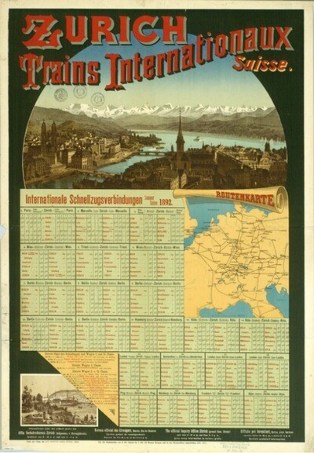 Schwarzes und weißes Plakat, das Zürich Trains Internationalaux bewirbt, mit einer Stadtkarte im Hintergrund mit Gebäuden, Wasser und Bergen und Text.