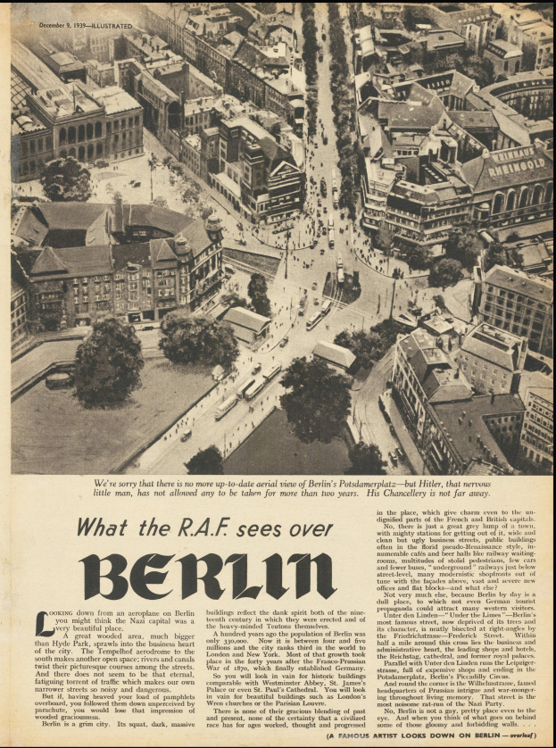 Schwarz-weißes Bild einer alten Zeitung mit einer Stadtlandschaftsfotografie, die Gebäude, Bäume und Fahrzeuge zeigt, zusammen mit Text.