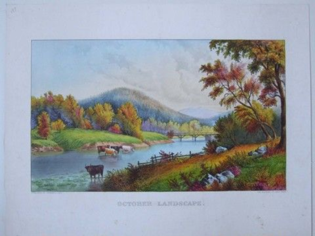 Ein Bild mit dem Titel 'Oktoberszene' von William KÜNSTLER, das Kühe zeigt, die auf einer Wiese neben einem Fluss grasen, umgeben von Bäumen, Hügeln und einer Brücke, mit Text unten.