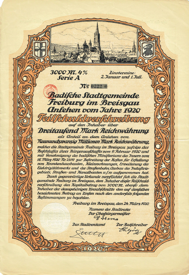 Altes deutsches Aktienzertifikat mit einer Stadtillustration und gedrucktem Text zu den Aktien Details.