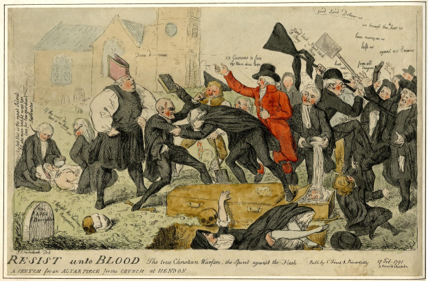 Eine Karikatur einer Menge mit einigen, die Fahnen halten, einem Gebäude im Hintergrund und einem Text unten mit der Aufschrift "Resist unto Blood: The True Christian Warfare."