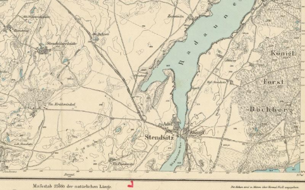 Ein detaillierter alter Stadtplan von Stendsitz, Deutschland, der Straßen, Gebäude, Sehenswürdigkeiten und einen Fluss durch die Stadt zeigt, mit Textinformationen zur Bevölkerung, Bevölkerungsdichte und Lage.