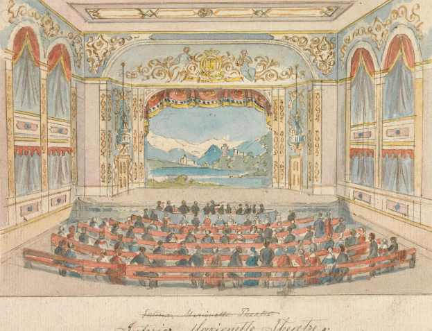 Eine Zeichnung eines Theaterauditoriums mit Sitzplätzen, detaillierten Wanddesigns, einer beleuchteten Decke und dekorativem Text am unteren Rand.