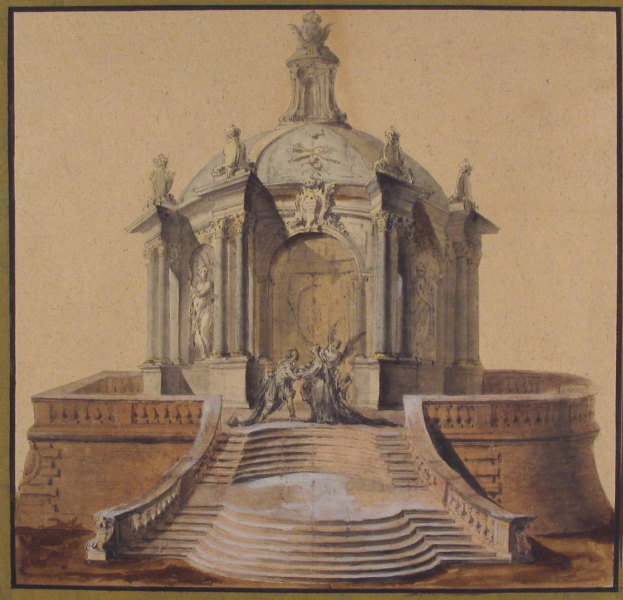 Ein klassisch anmutendes Zeichnung eines Brunnens mit einer Statue darauf, umgeben von Stufen und zusätzlichen Skulpturen, Rahmen als altes Foto.