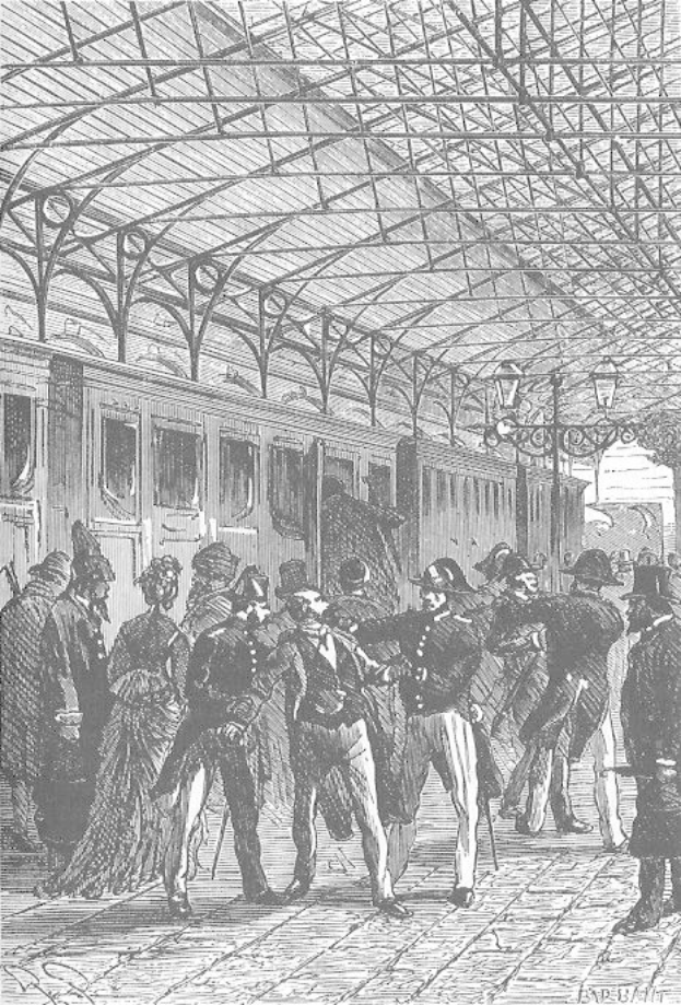 Schwarze und weiße Zeichnung von Menschen, die auf einem Bahnhof stehen, mit einem Zug auf den Schienen und einem Dach darüber, mit dem Text "Victorian Railways and Railways" unten.