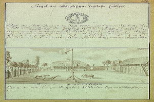 Schwarz-weißer Abzug des ersten Entwurfs der deutschen Verfassung mit einer handgezeichneten Straßenszene einschließlich eines flaggenbesetzten Pfahls, Gebäude, Bäume und Himmel.