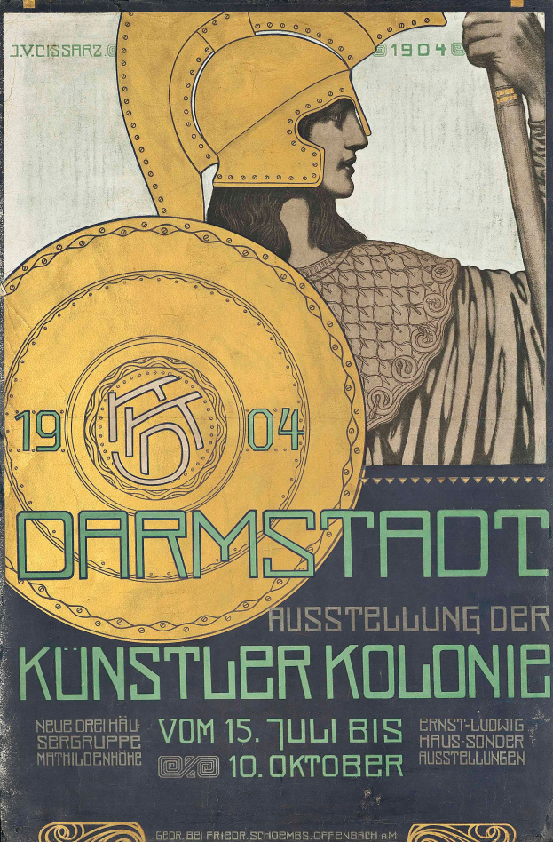 Plakatankündigung eines Konzerts in Berlin, Deutschland, 1904, mit einer Person in einem Helm, die ein Schild hält, mit 'Darmstadt' und 'Künstlerkolonie' in fetter Schrift.