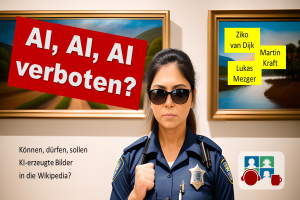 Eine Frau in einer Polizeiuniform und Sonnenbrille steht vor einer Wand mit zwei Fotorahmen; bearbeiteter Text links lautet "AI, AI, AI Verboten?"