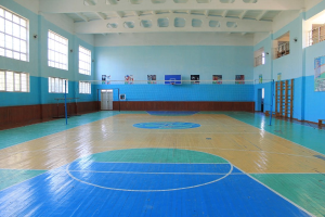 Große Turnhalle mit einem blauen und weißen Basketballfeld, Netz, Pfosten, einer Tür, Fenstern, Wandplakaten, einem Geländer und einem Dach.