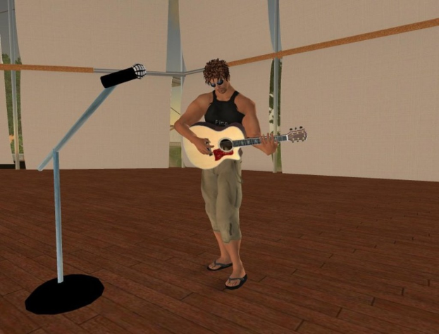 Ein Cartoon-Mann, der vor einem Mikrofon auf einem Ständer steht und eine Gitarre spielt.