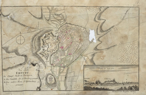 Alte detaillierte Karte von Erfurt, Deutschland, die Straßen, Gebäude und Sehenswürdigkeiten auf altem Papier mit Text und Illustrationen zeigt.