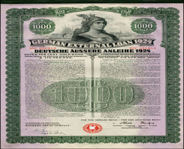 Deutsches Auslandsanleihe-Zertifikat von 1924 mit einer Frauendarstellung, mit gedrucktem Text und numerischen Nennbetragsmarkierungen.