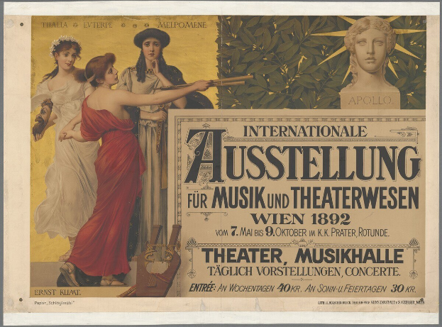 Plakat für die Internationale Ausstellung für Musik und Theaterwesen in Wien, Österreich, das eine Gruppe von Menschen in einem Kreis mit einer Frau, die ein Musikinstrument hält, und Text mit Veranstaltungseinzelheiten zeigt.