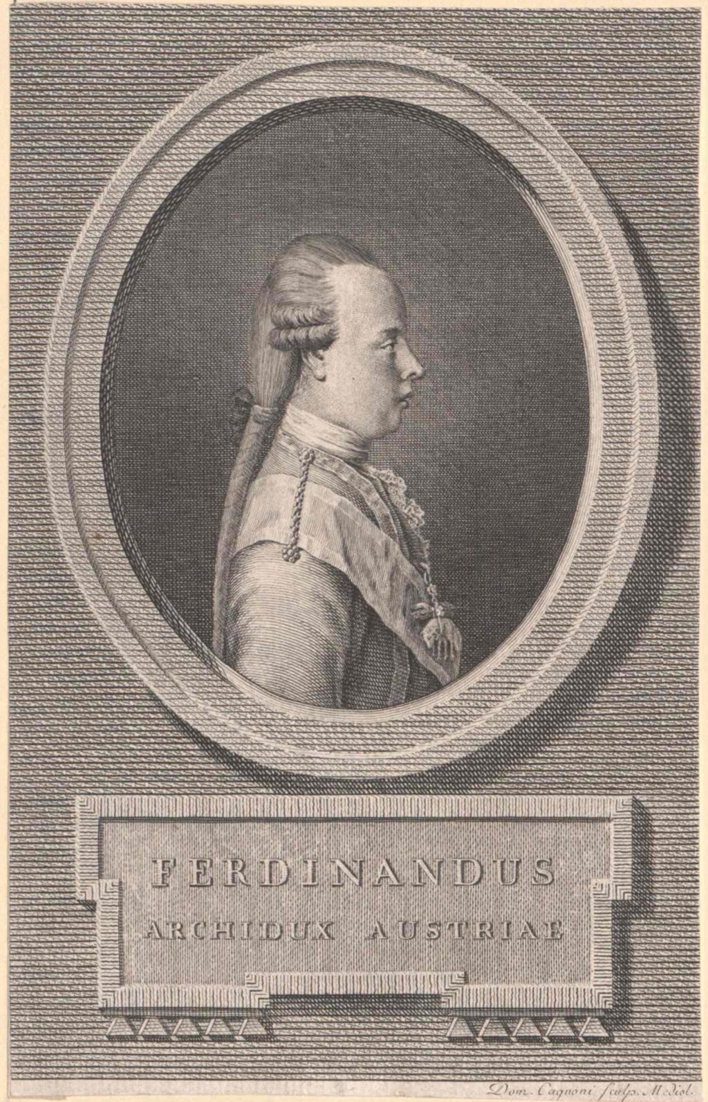 Gravur von Ferdinand, Erzherzog von Österreich, mit einem zentralen Porträt, das sein Gesicht, seitlich schauende Augen, ein leichtes Lächeln, zurückgekämmtes Haar und einen dunklen Mantel mit einem hohen Kragen zeigt, begleitet von Text unten.