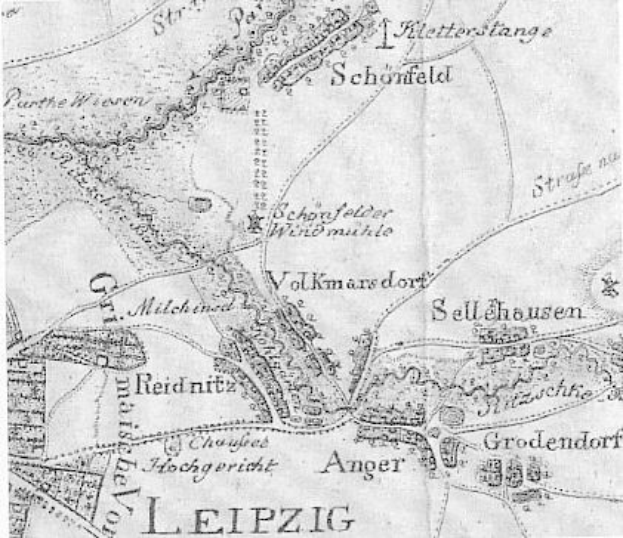 Detailiertes altes Stadtplan von Leipzig, Deutschland, zeigt Straßen, Gebäude und Sehenswürdigkeiten mit begleitendem Text über Bevölkerung, Straßen und bekannte Orte.