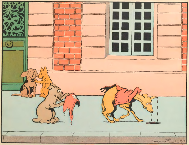 Drei Cartoon-Hunde spielen mit einem vierten Hund vor einem Haus mit einer Tür und einem Fenster.