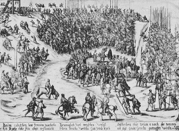 Eine Schwarz-Weiß-Zeichnung einer großen Menge von Menschen zu Pferd vor einem Gebäude, einige halten Stöcke in den Händen, mit der Aufschrift "Die Schlacht von Leipzig" unten, die eine heftige Schlacht mit gezogenen Schwertern und erhobenen Schilden zeigt.