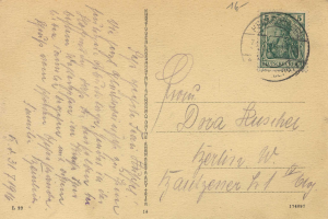 Eine alte deutsche Postkarte in sehr gutem Zustand, die einen Stempel und den Text "Konzert-Luger-Konferenz-Kommunikation" mit der Nummer "174097" trägt.