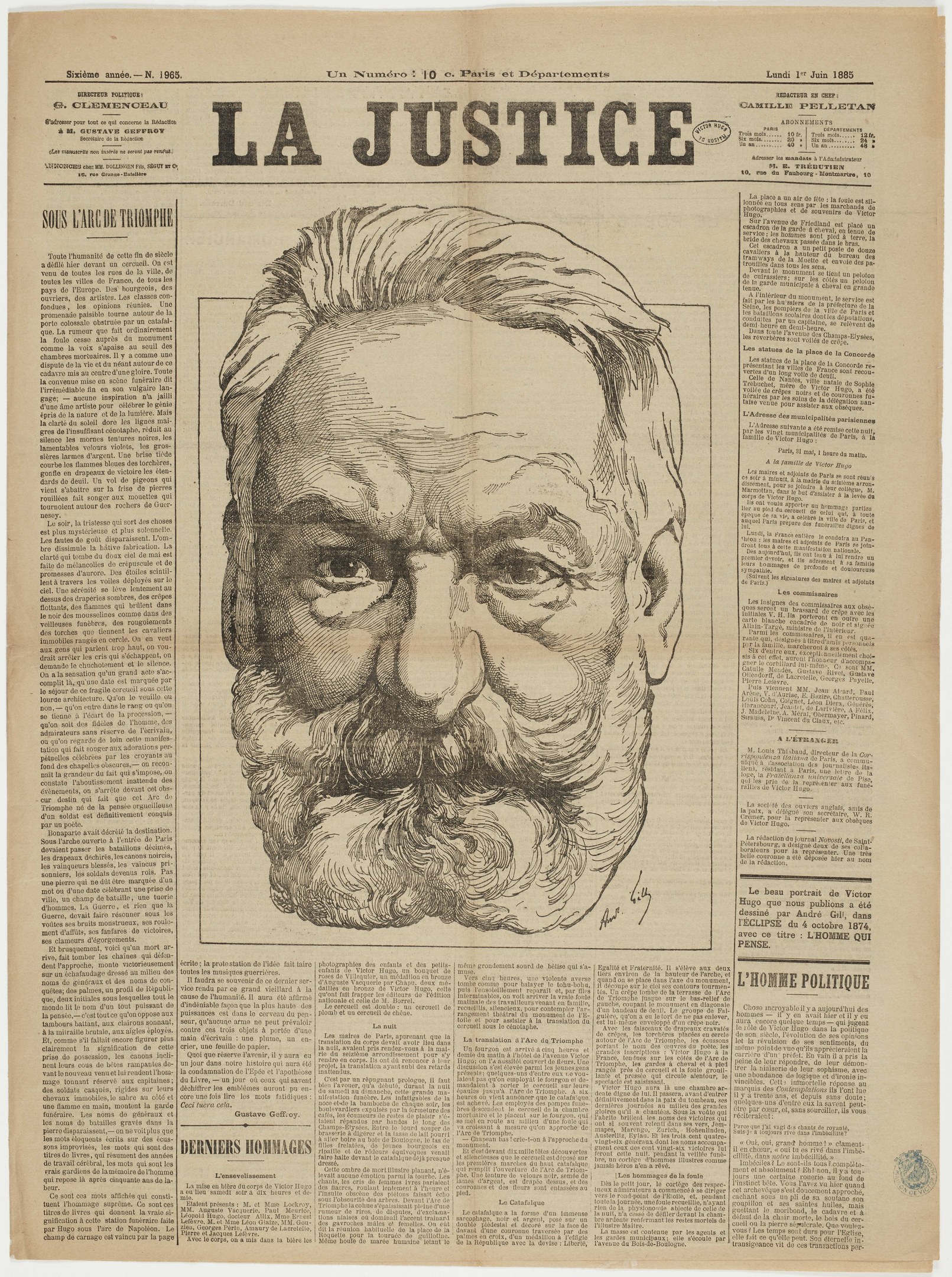 Alte Zeitung mit der Überschrift "La Justice" zeigt ein ernstes Schwarz-Weiß-Drawing eines Mannes im Anzug und Krawatte mit ordentlich gekämmtem Haar, der konzentriert in die Ferne schaut.